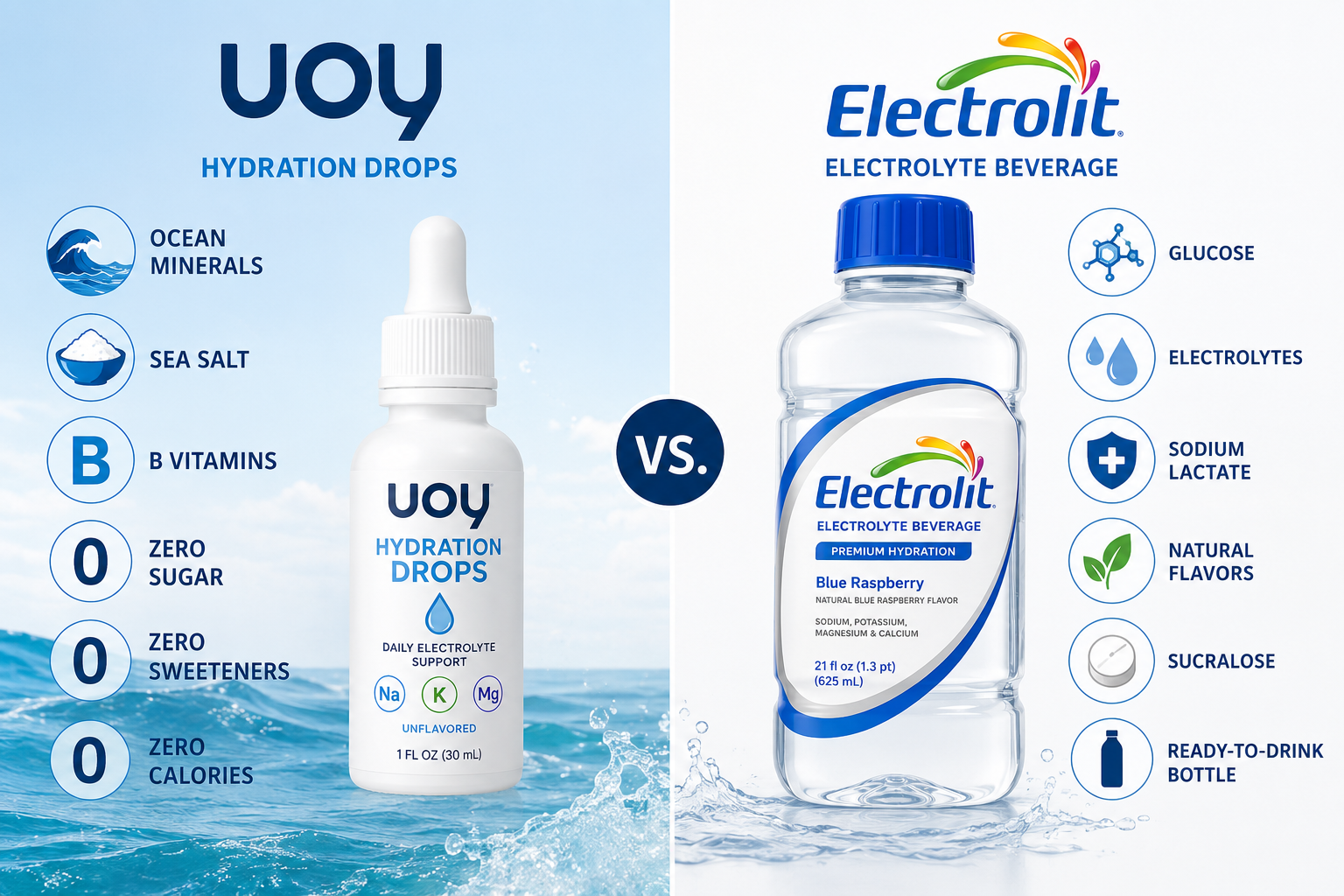 Ingredients comparison between Buoy Hydration Drops and Electrolit.