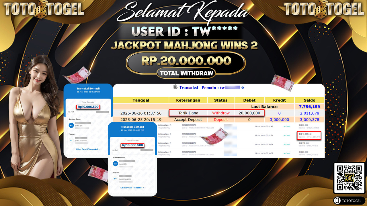 Bukti Pembayaran Jackpot Permainan Slot Mahjong Wins 2 ID:TW***** LUNAS
