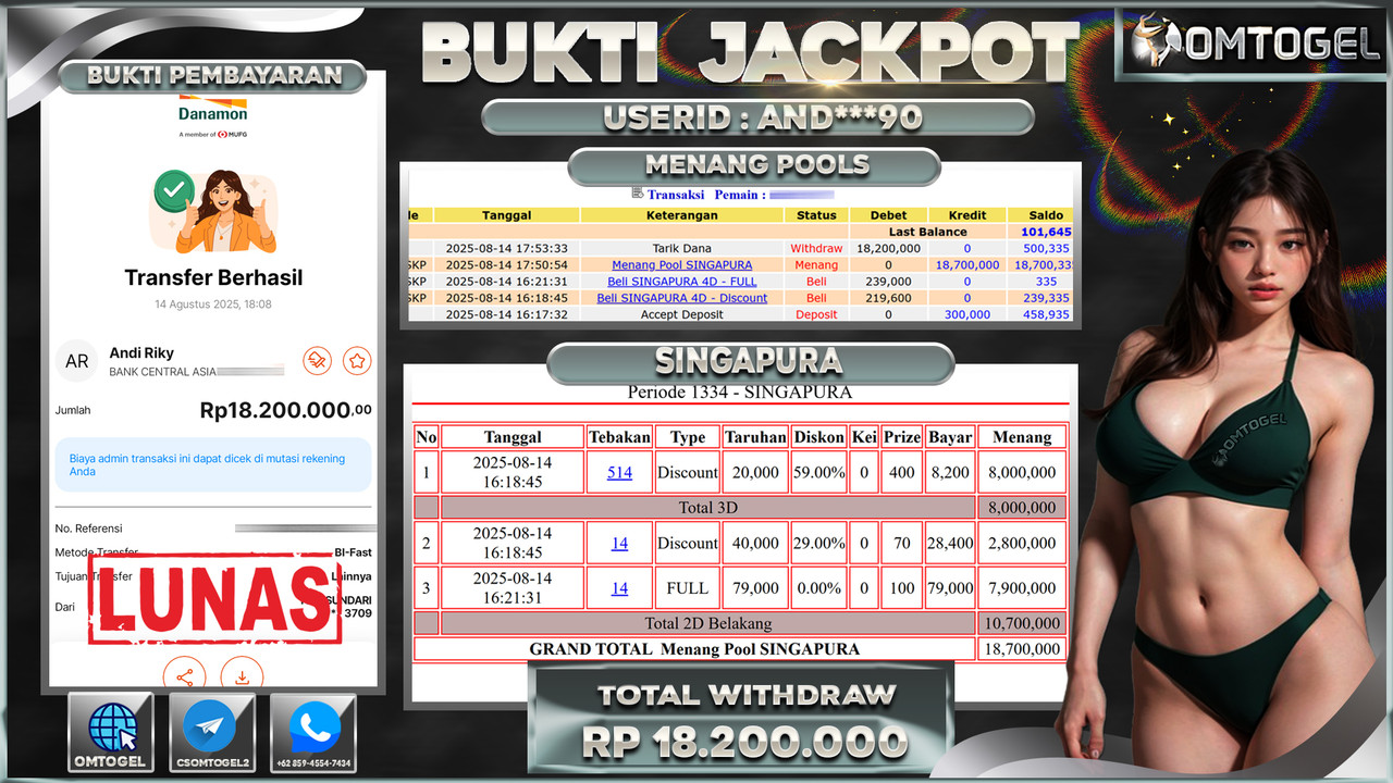 OMTOGEL JACKPOT SINGAPURA 3D 2D 18 JUTA DI BAYAR LUNAS ,-