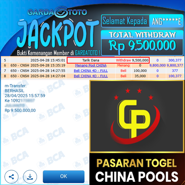 JACKPOT TOGEL DI PASARAN CHINA Rp 9.500.000,- DIBAYAR LUNAS!!!
