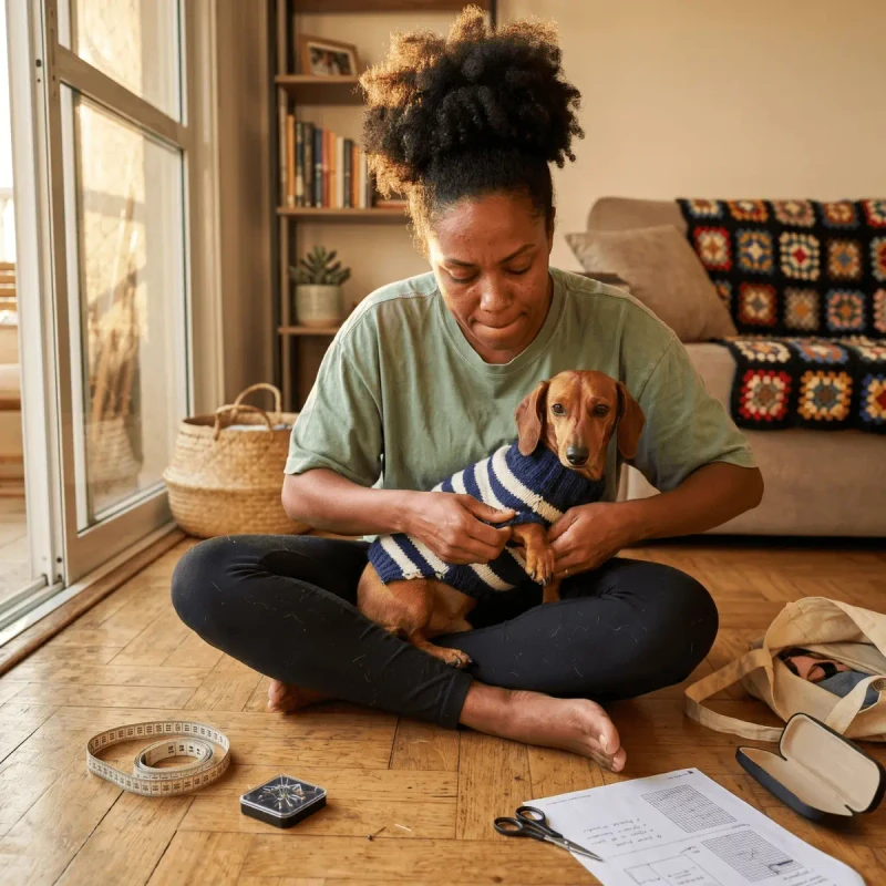 Mulher ajustando roupa no cachorro