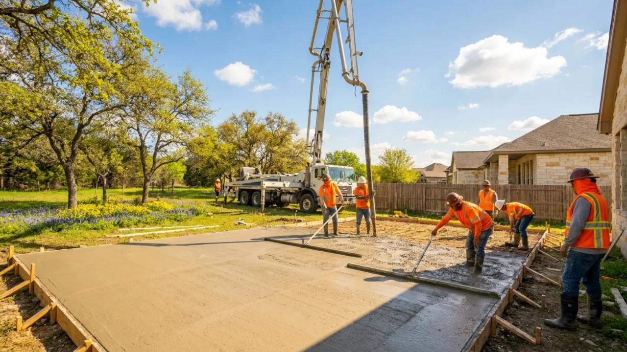 Concrete patio pour during San Antonio spring mild weather March April