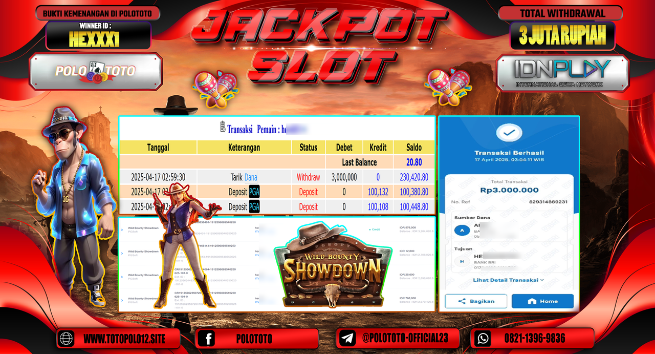 POLOTOTO JACKPOT SLOT WILD BOUNTY SHOWDOWN Rp.3.000.000,-