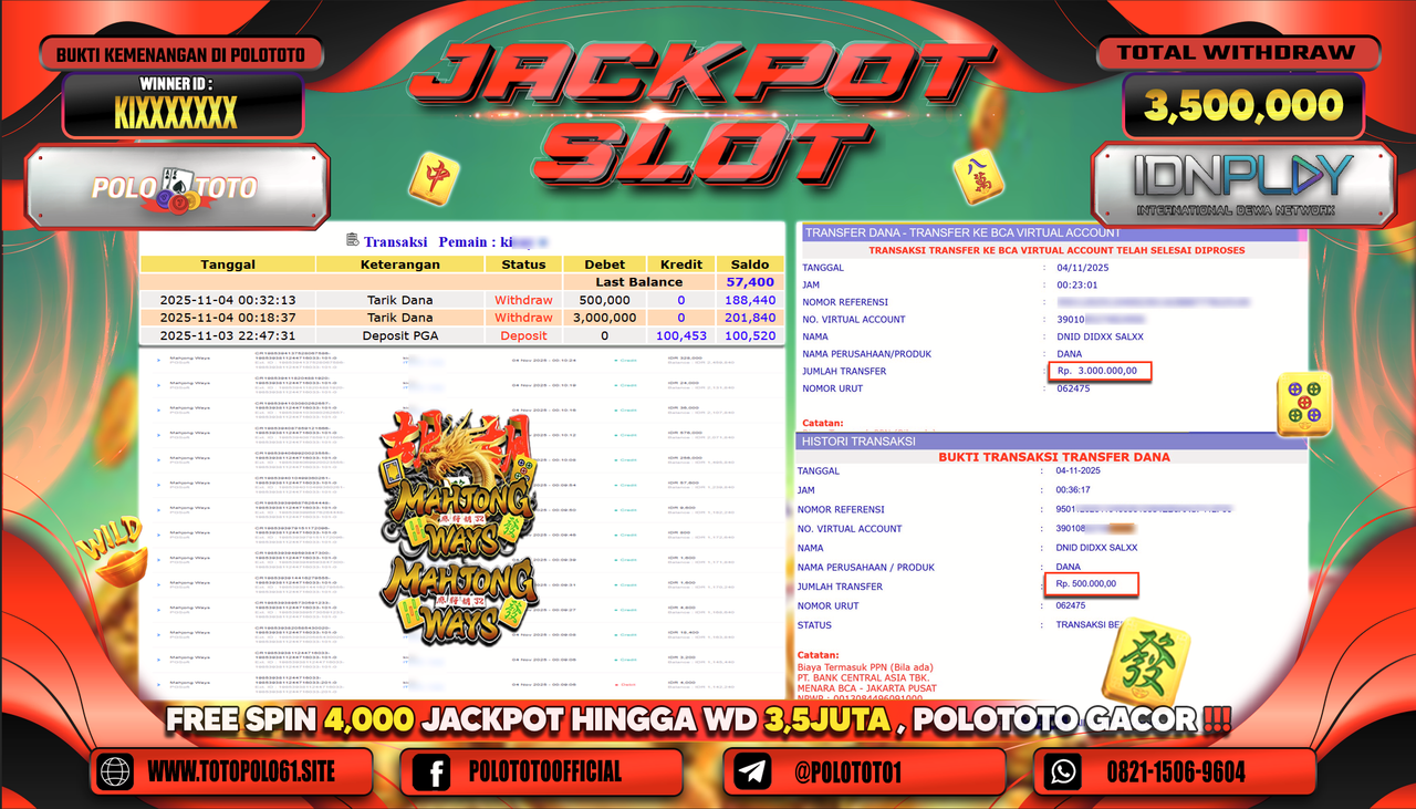 POLOTOTO JACKPOT SLOT MAHJONG WAYS Rp.3.500.000,- LUNAS