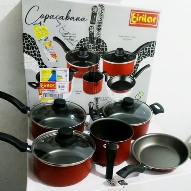 Conjunto 5 peças Antiaderente Tampa de Vidro Copacabana Eirilar Vermelho