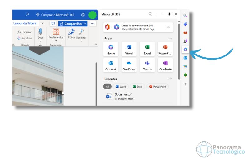 A imagem mostra um print da barra de ferramentas do Microsoft Edge integrando com o pacote office gratuito, a versão online.