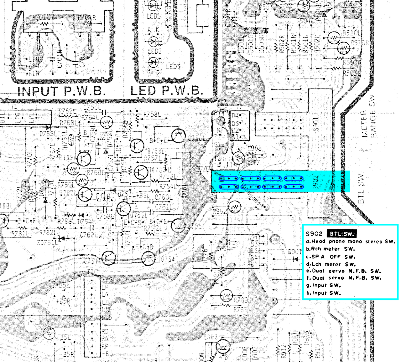 HMA 8500Mk II main PCB layout with BTL bridging switch S902 marked