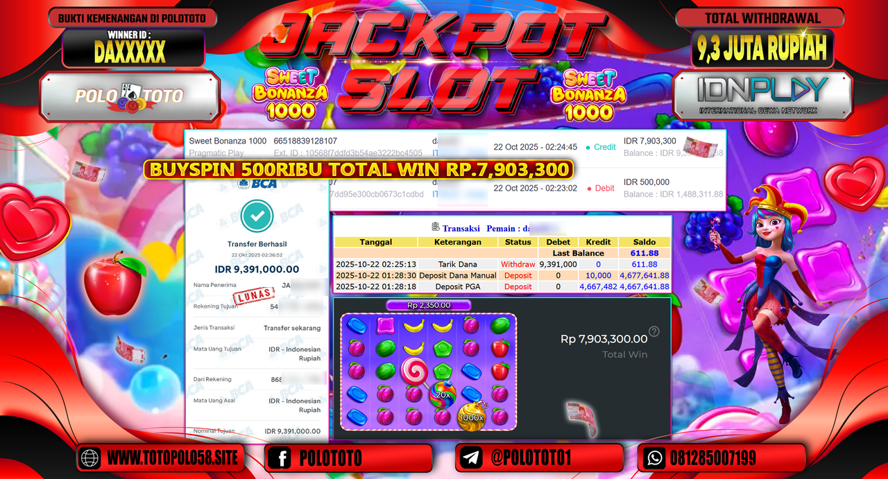 POLOTOTO JACKPOT SLOT SWEET BONANZA 1000 Rp.9.300.000,- LUNAS