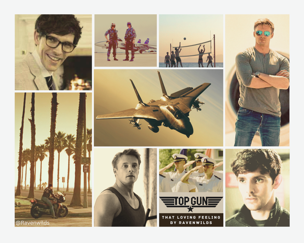 Mood Board showing Merlin Emrys, Arthur Pendragon, F-14 fighter jet, volley-ball and U.S. Navy personnel saluting