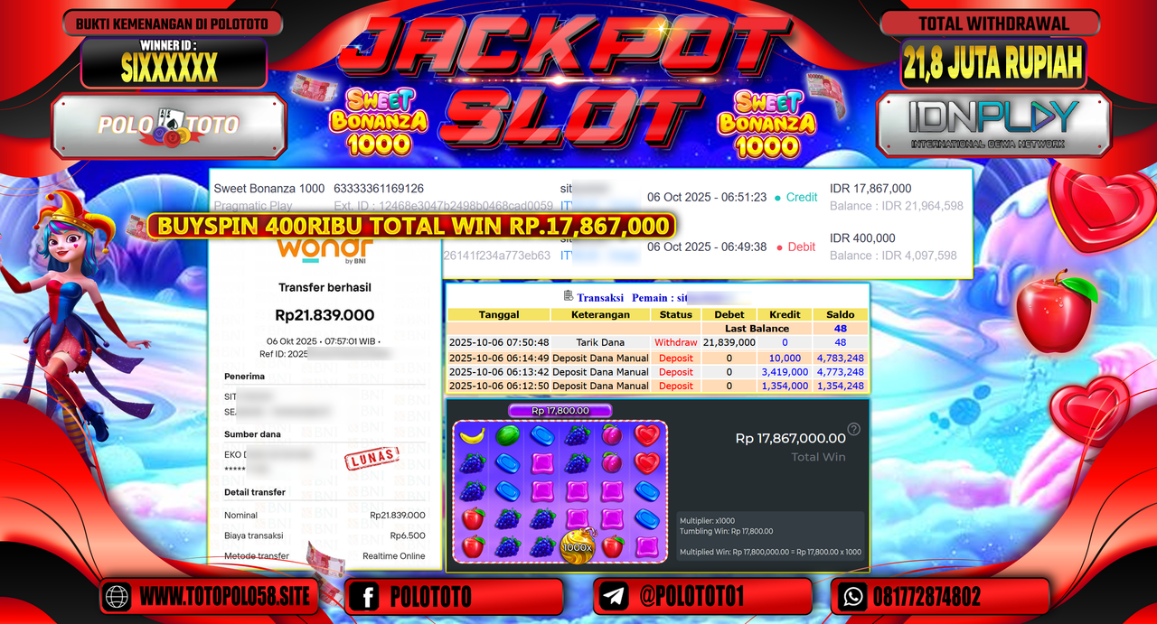 POLOTOTO JACKPOT SLOT SWEET BONANZA 1000 Rp.21.800.000,- LUNAS