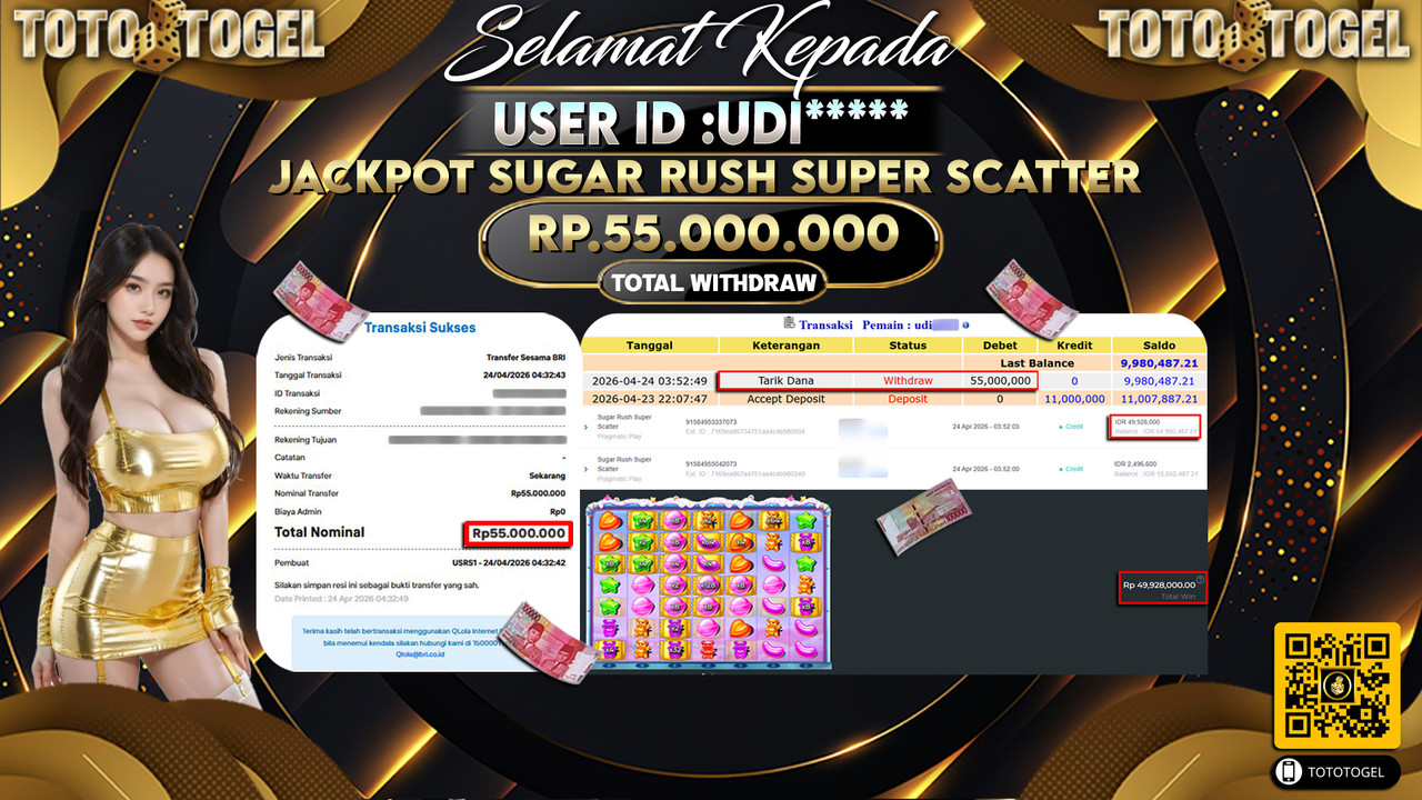 Bukti Pembayaran Jackpot Permainan Slot Sugar Rush Super Scatter ID:UDI*****LUNAS