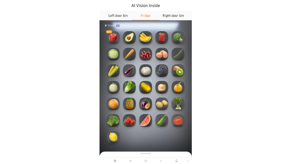 Tela do AI Vision Inside, recurso do Famuly Hub Samsung na sua geladeira com IA e tela de 32 polegadas.