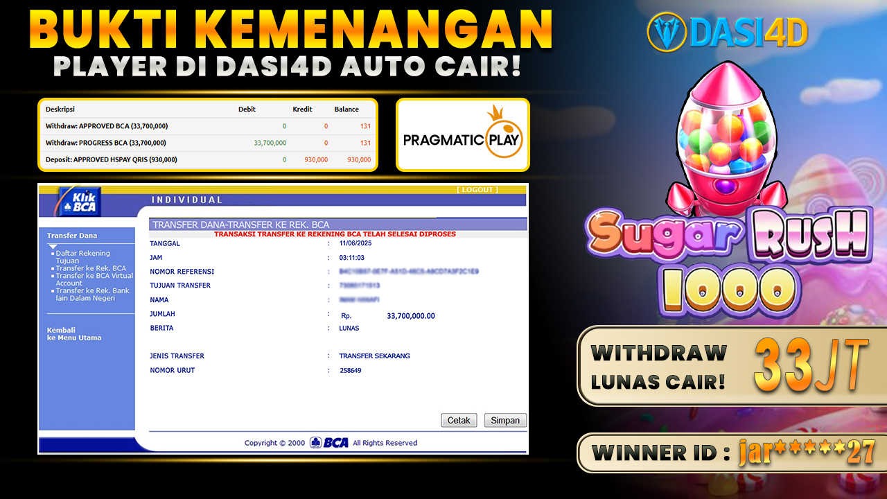 BUKTI KEMENANGAN 11 JUNI 2025 DI SUGAR RUSH 1000 WD 33 JUTA