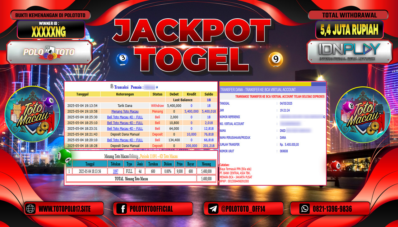 POLOTOTO JACKPOT TOGEL TOTOMACAU 4D Rp.5.400.000,-