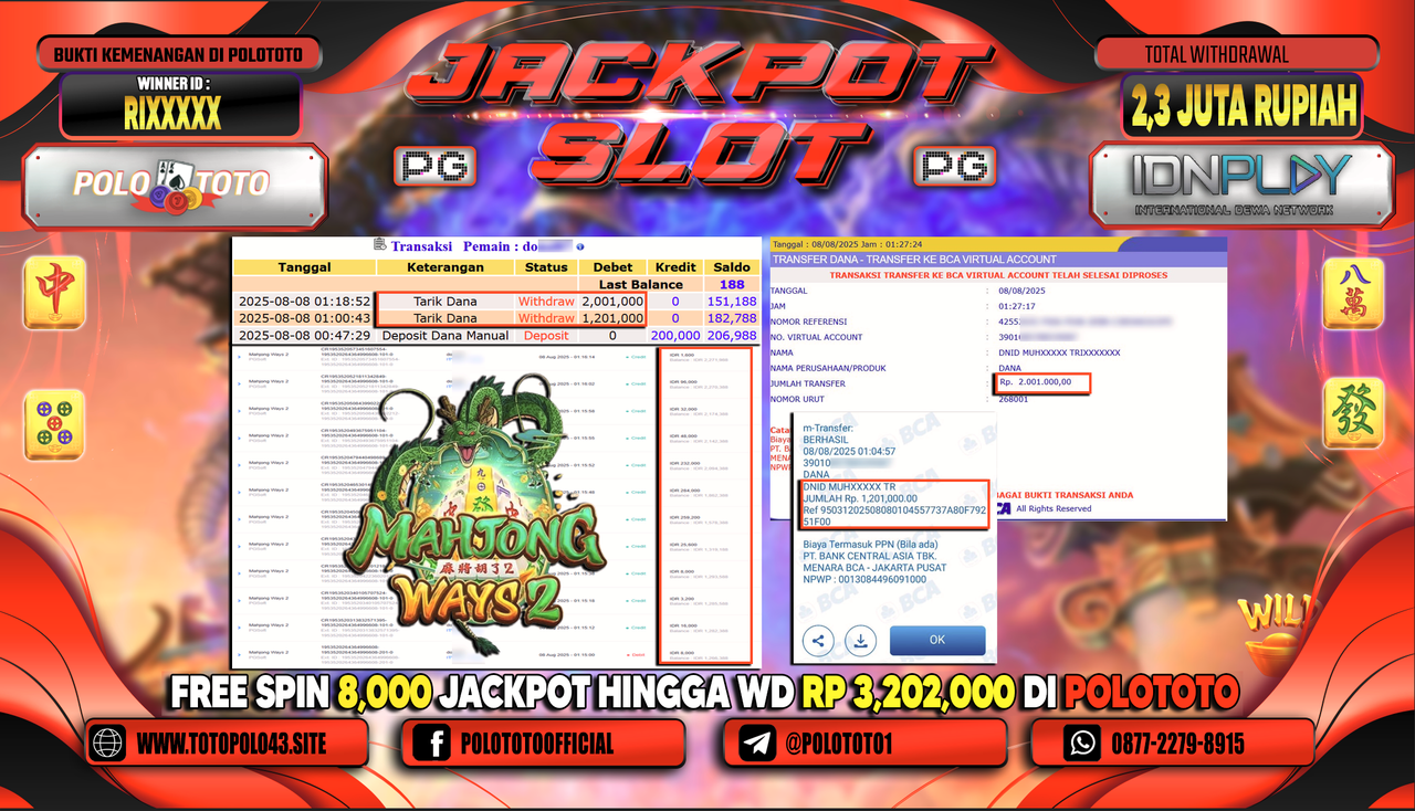POLOTOTO JACKPOT SLOT MAHJONG WAYS 2 Rp.2.300.000,-LUNAS