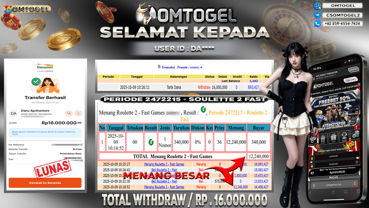 OMTOGEL JACKPOT LIVE GAMES ROULETTE 2 - FAST 16 JUTA DI BAYAR LUNAS ,-