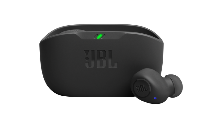 Audífonos TWS JBL Vibe Buds 2 con su estuche de carga.