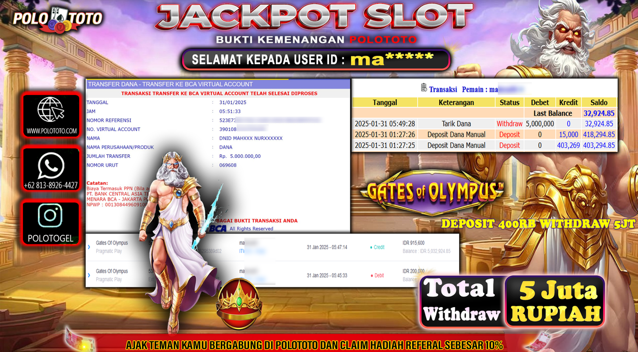 POLOTOTO JACKPOT SLOT GATES OF OLYMPUS Rp.5,000.000,-