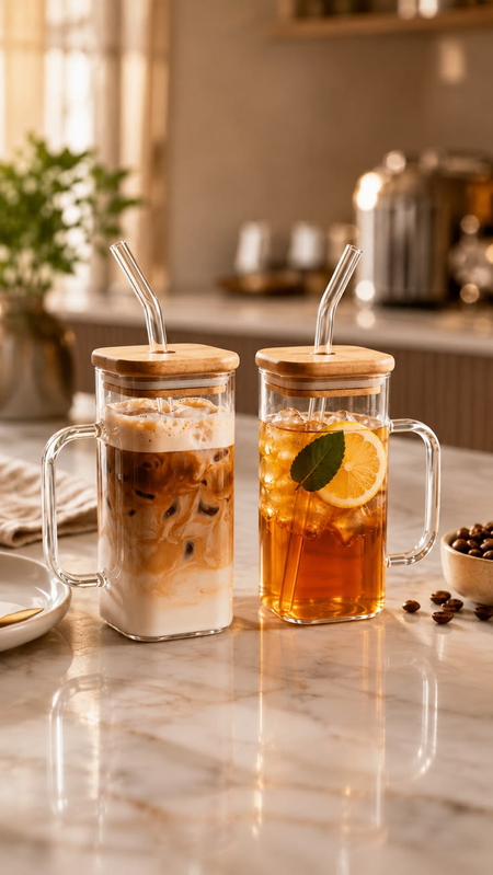 300ml Creative Rectangular Glass Cup with Bamboo Lid and Straw