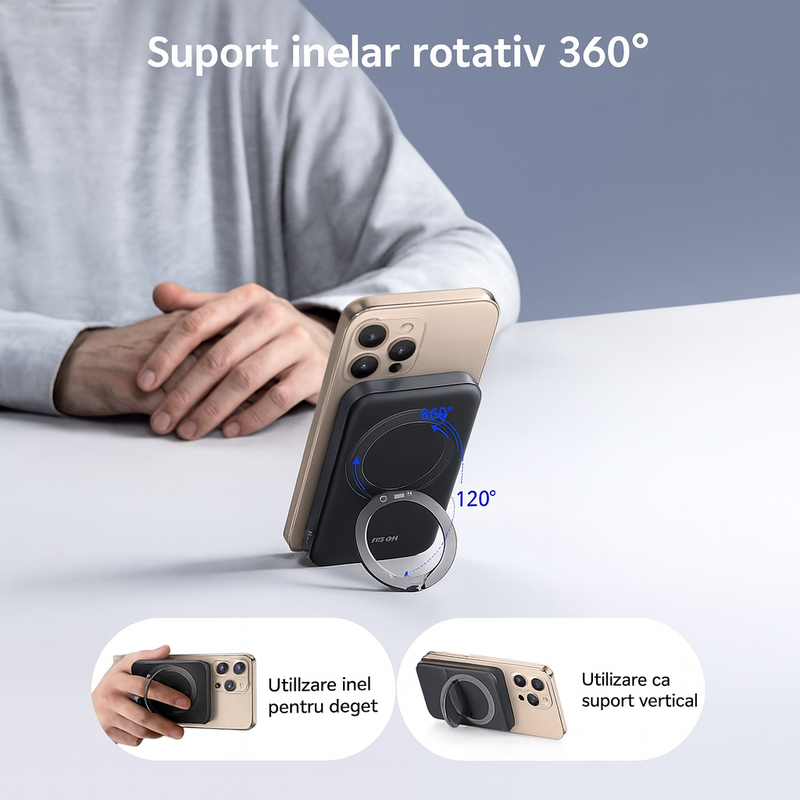 Baterie externa cu incarcare wireless Joyroom PBM12, Inel rotativ, 22.5W, 1xUSB-C, 1xUSB, PD, QC3.0, 10000 mAh, Incarcare rapida, Negru Copilot 20260119 194236