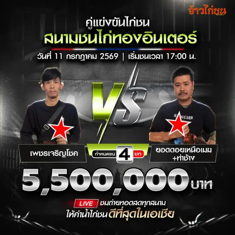 คู่ที่ 1 เพชรเจริญโชค พบ ยอดดอยเหนือเมฆ+ท่าช้าง สนามชนไก่ทองอินเตอร์ วันที่ 11 กรกฎาคม 2569
