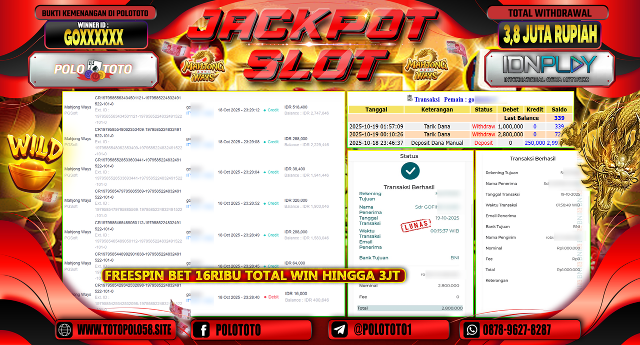 POLOTOTO JACKPOT SLOT MAHJONG WAYS Rp.3.800.000,- LUNAS