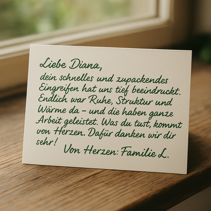 Handgeschriebenes Dankeschreiben einer Angehörigen