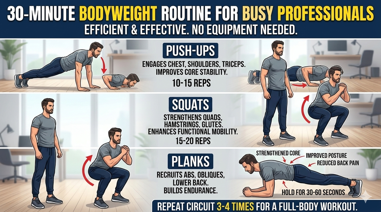 Collage of push-ups, squats, and planks for 30-minute bodyweight routine for busy professionals