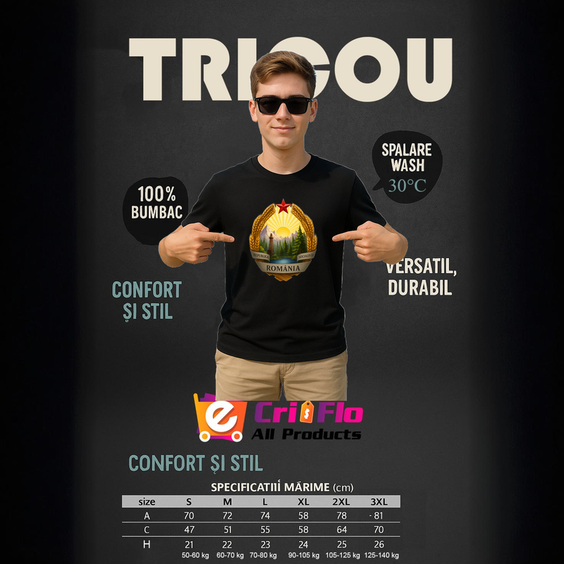 Tricou Republica Socialista Romania, Barbat, 100% bumbac, Cri-Flo, Culoare Negru, Marime XL