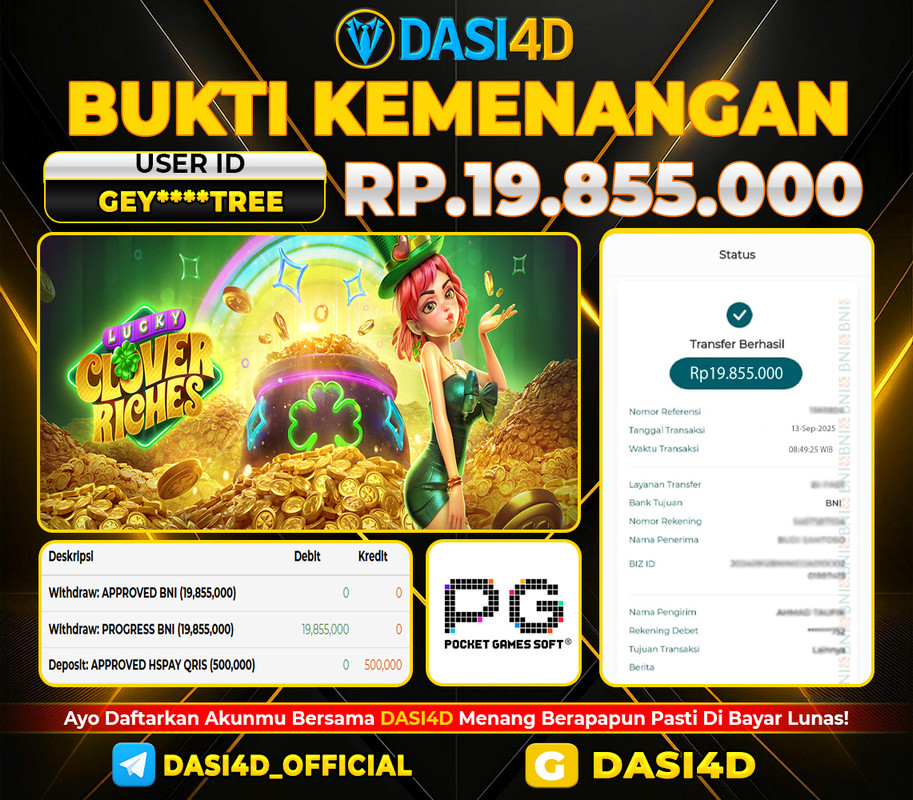 BUKTI KEMENANGAN 13 SEPTEMBER  2025 DI  LUCKY CLOVER RICHES RP 19.855.000