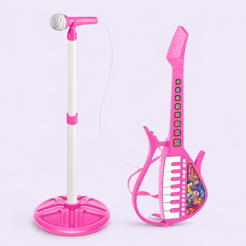 Guitarra teclado rosa y micr&oacute;fono de pie karaoke