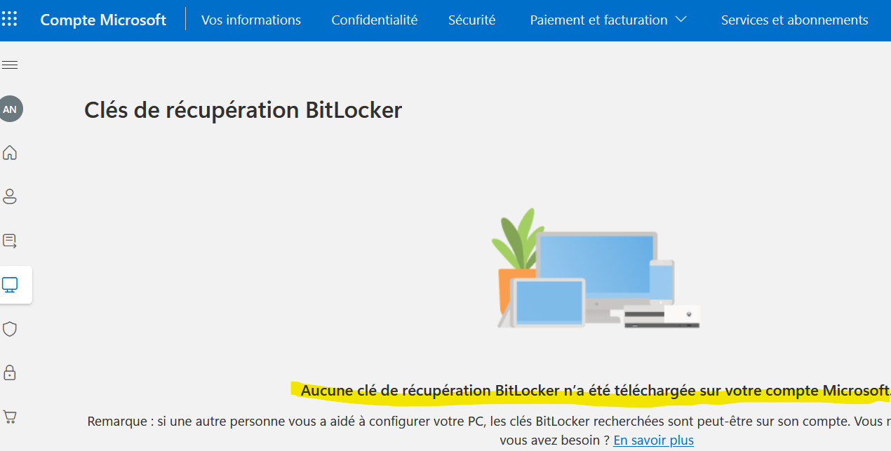Capture d'écran aucune cle de récupération sur compte MSoft-2024-10-11 135545