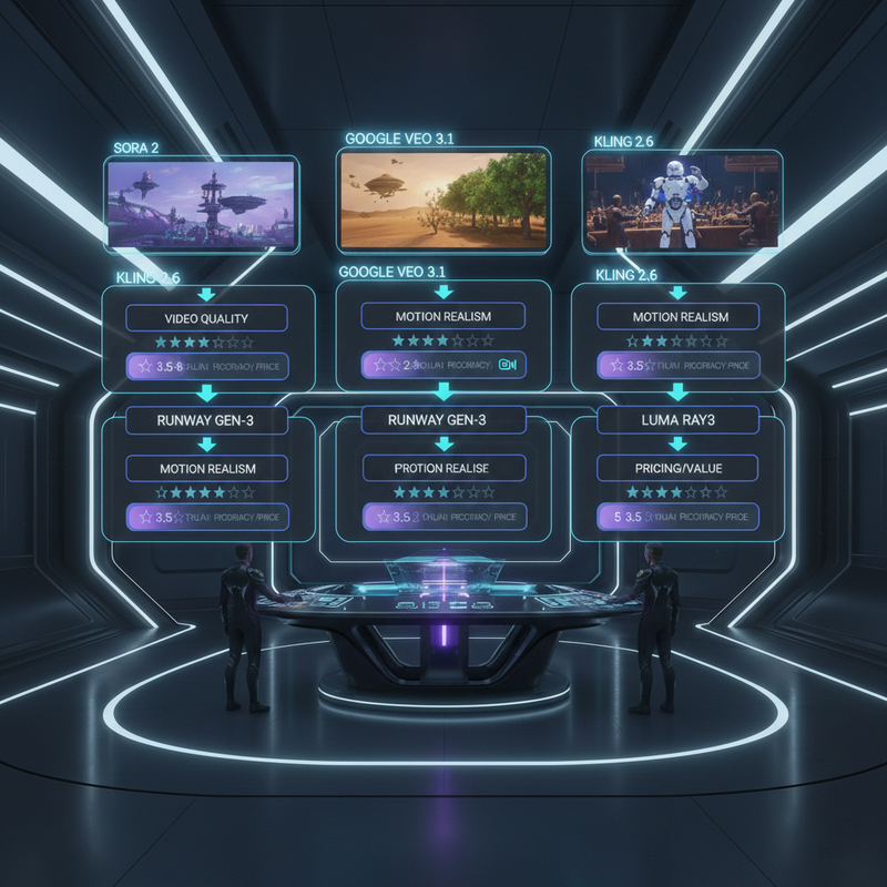 Side-by-side comparison grid of AI video generators Sora 2, Google Veo 3.1, Kling 2.6, Runway Gen-3, Luma Ray3, and PixVerse with star ratings for video quality, motion realism, prompt accuracy, and pricing value