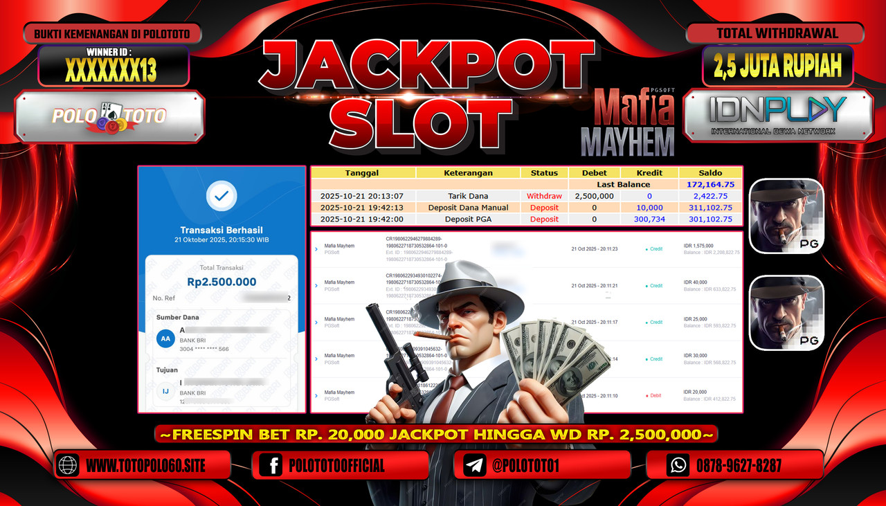 POLOTOTO JACKPOT SLOT MAFIA MAYHEM Rp.2.500.000,- LUNAS