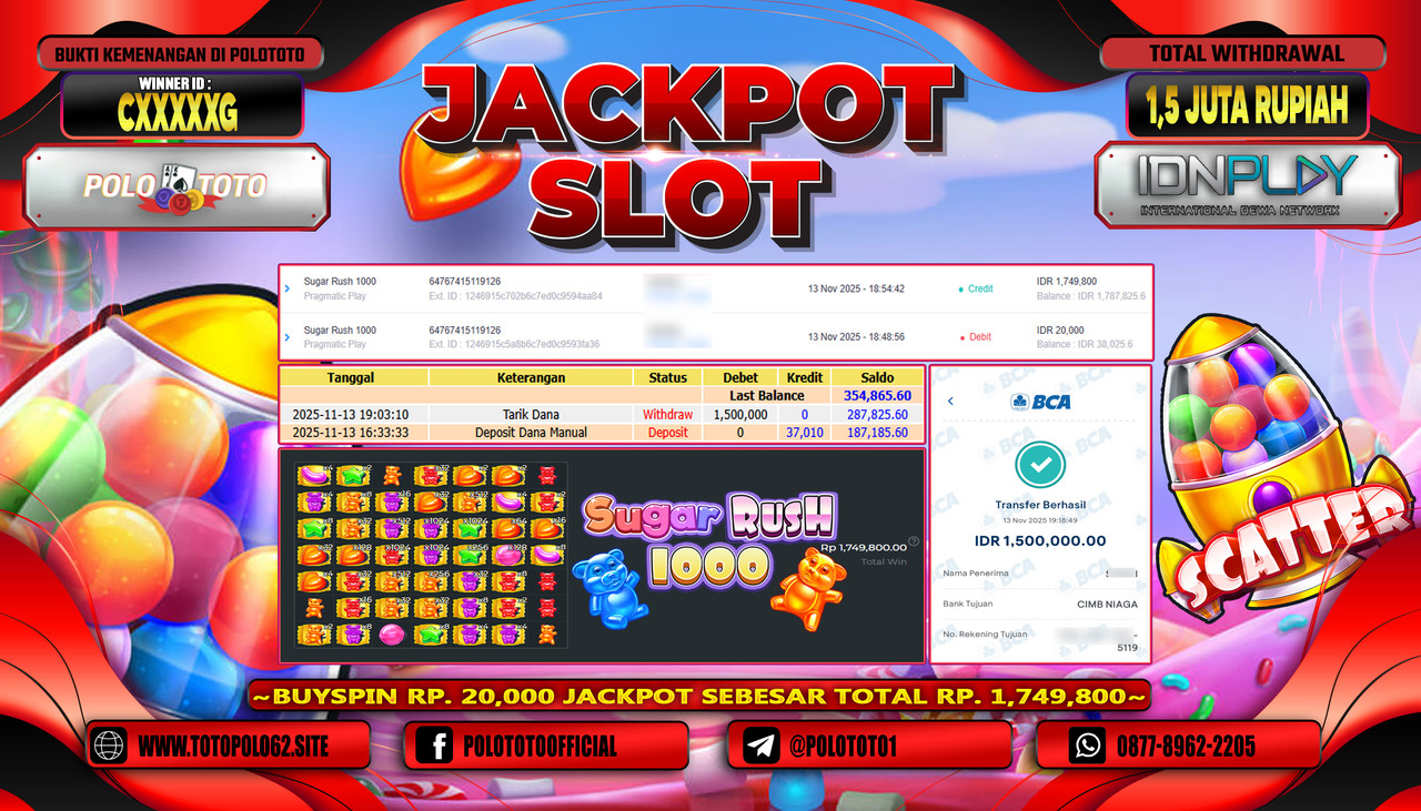 POLOTOTO JACKPOT SLOT SUGAR RUSH 1000 Rp.1.500.000,- LUNAS