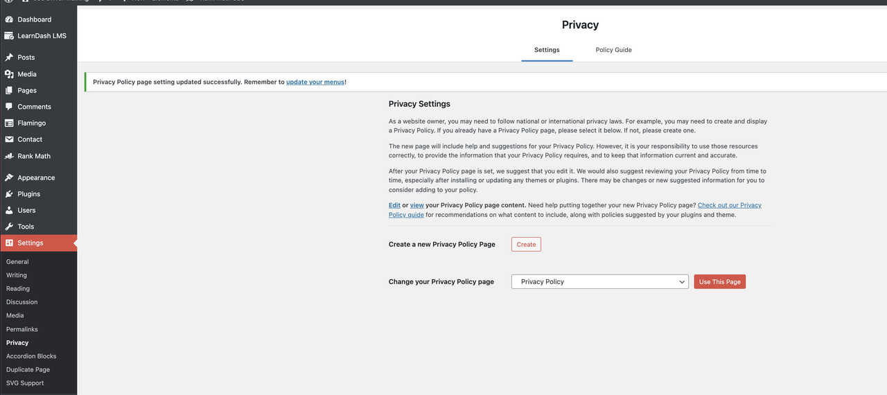 Screenshot of the privacy policy manager