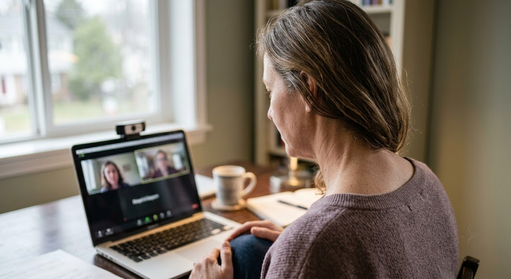 Woman at her desk on a video call, the curve at the base of her neck visible from behind