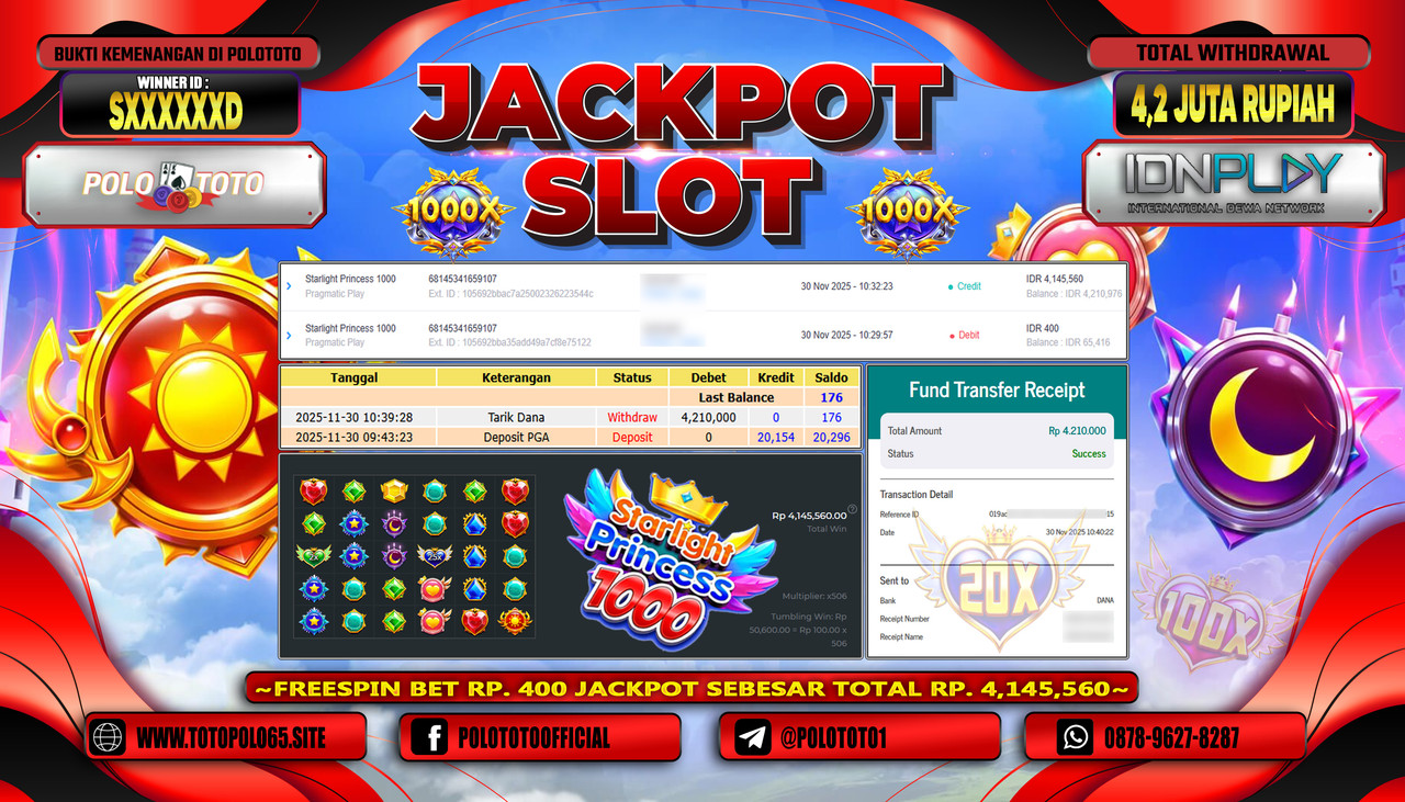 POLOTOTO JACKPOT SLOT STARLIGHT PRINCESS Rp.4.200.000,- LUNAS