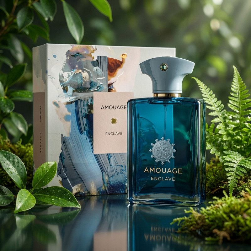 Crystal clear men's cologne bottle with fresh aquatic scent on white marble