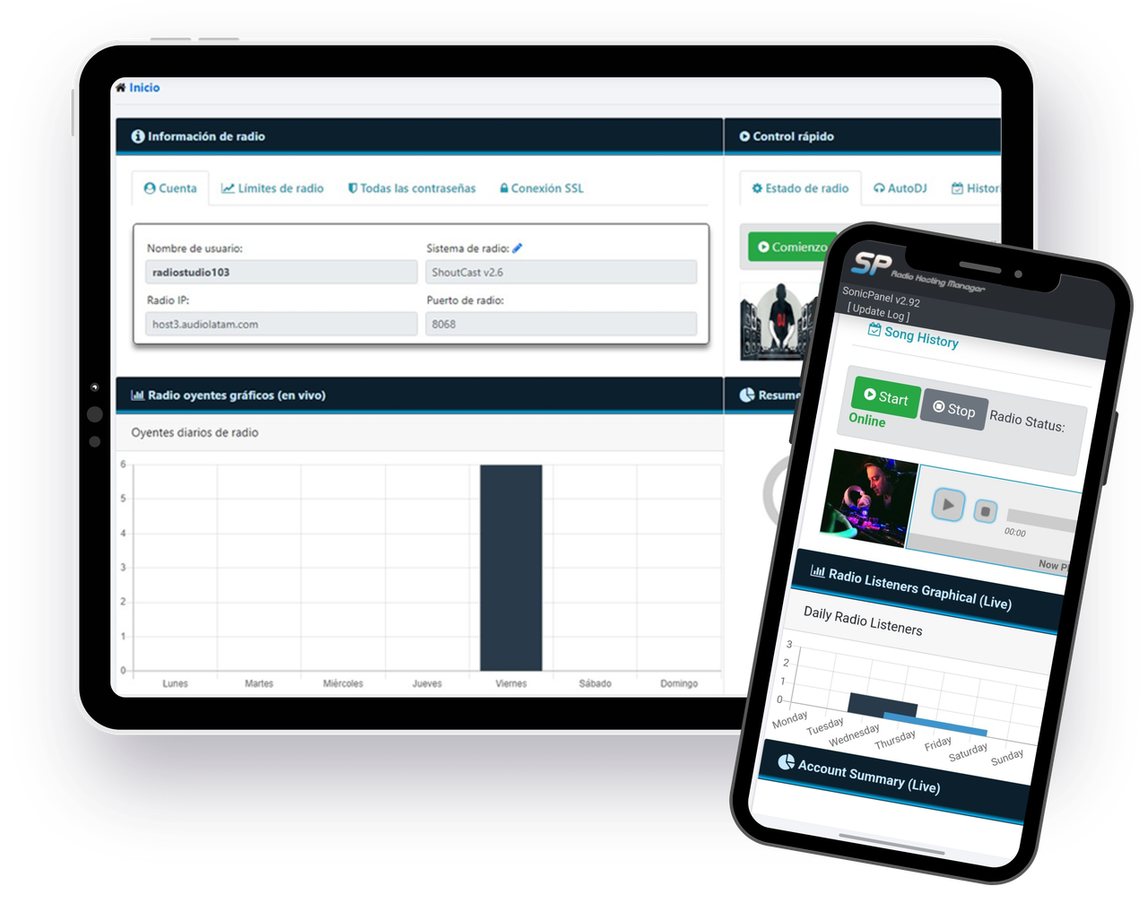 SonicPanel radio hosting interface