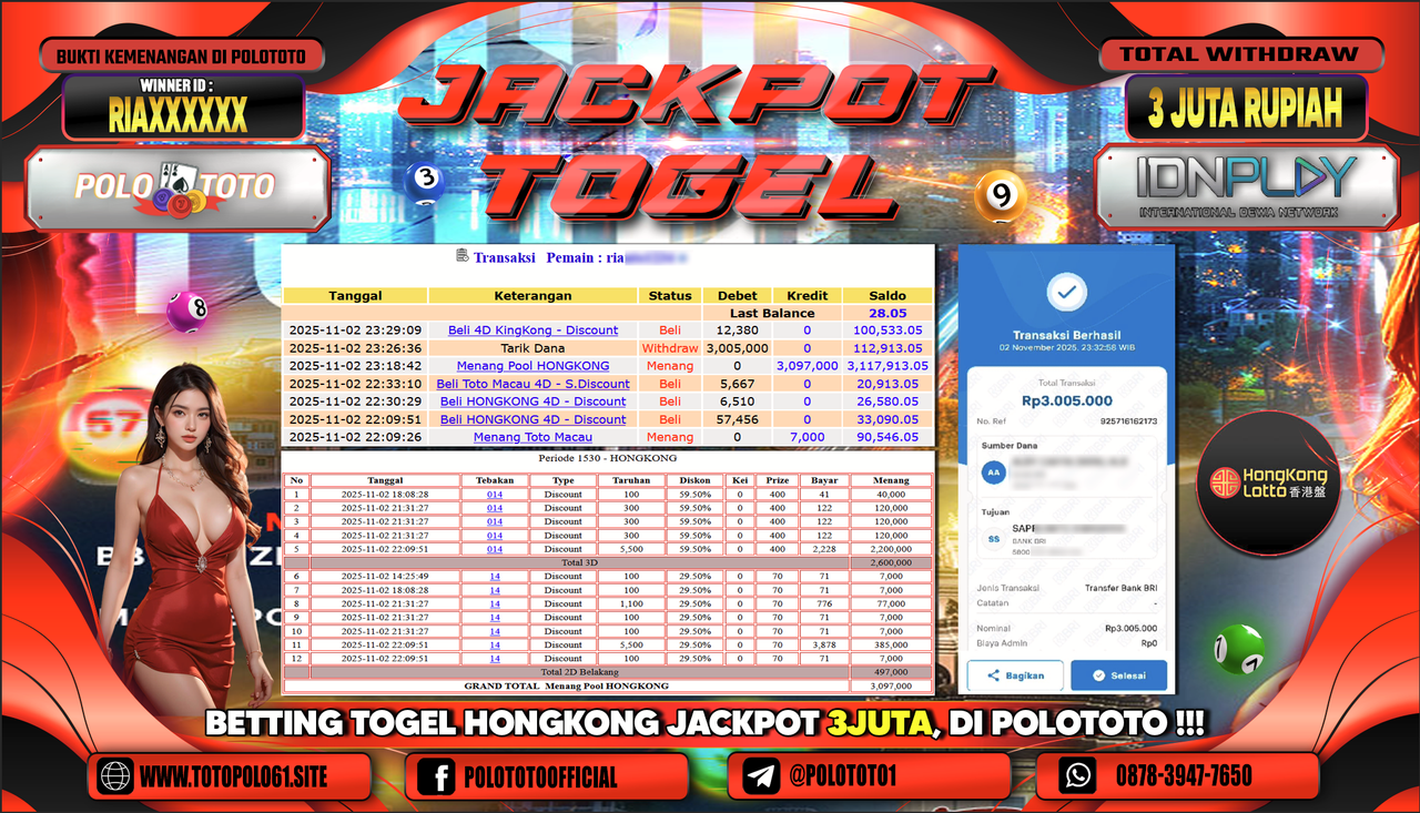 POLOTOTO JACKPOT TOGEL MENANG HONGKONG LOTTO Rp.3.000.000,- LUNAS