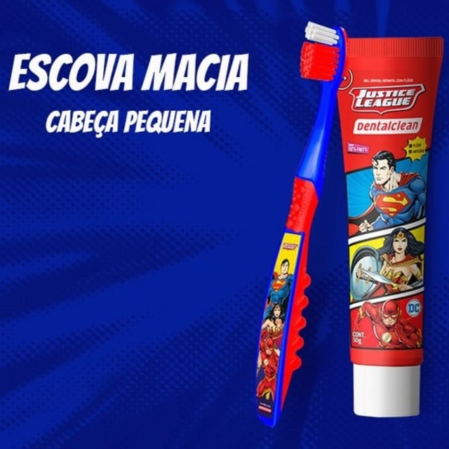 Gel Dental Infantil Heróis Liga da Justiça 50g – Sabor Tutti Frutti + Escova de Dentes com cerdas Macias, Dentalclean