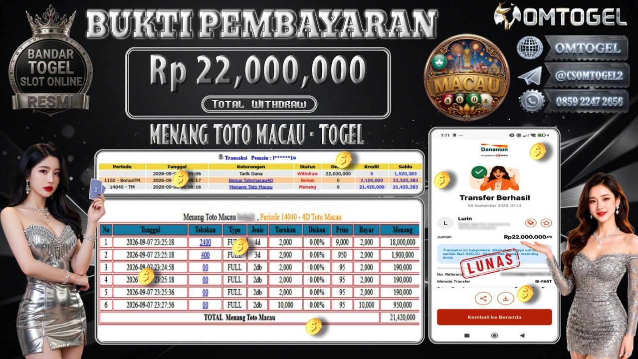 OMTOGEL JACKPOT MENANG TOTO MACAU 4D Rp.22,000,000,- DIBAYAR LUNAS