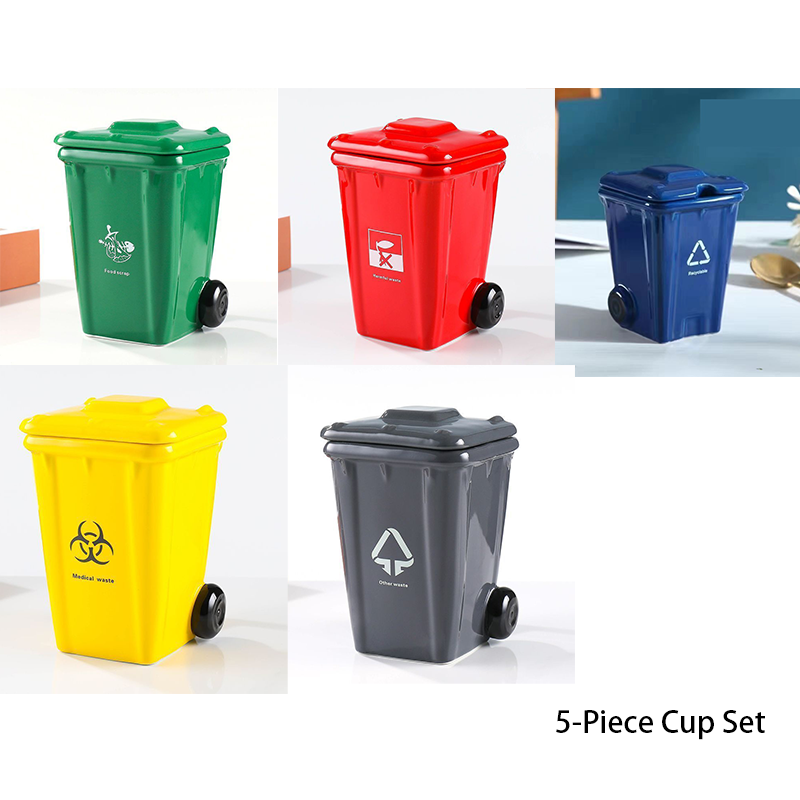5-piece cup Creative Trash Can Ceramic Mug with Shovel Spoon - 400ml Funny Garbage Bin Coffee Cup with Lid - Novelty Gag Gift for Birthday Christmas - Quirky Kitchen Cup for Home Office【Green+Red+Blue+Yellow+Grey】