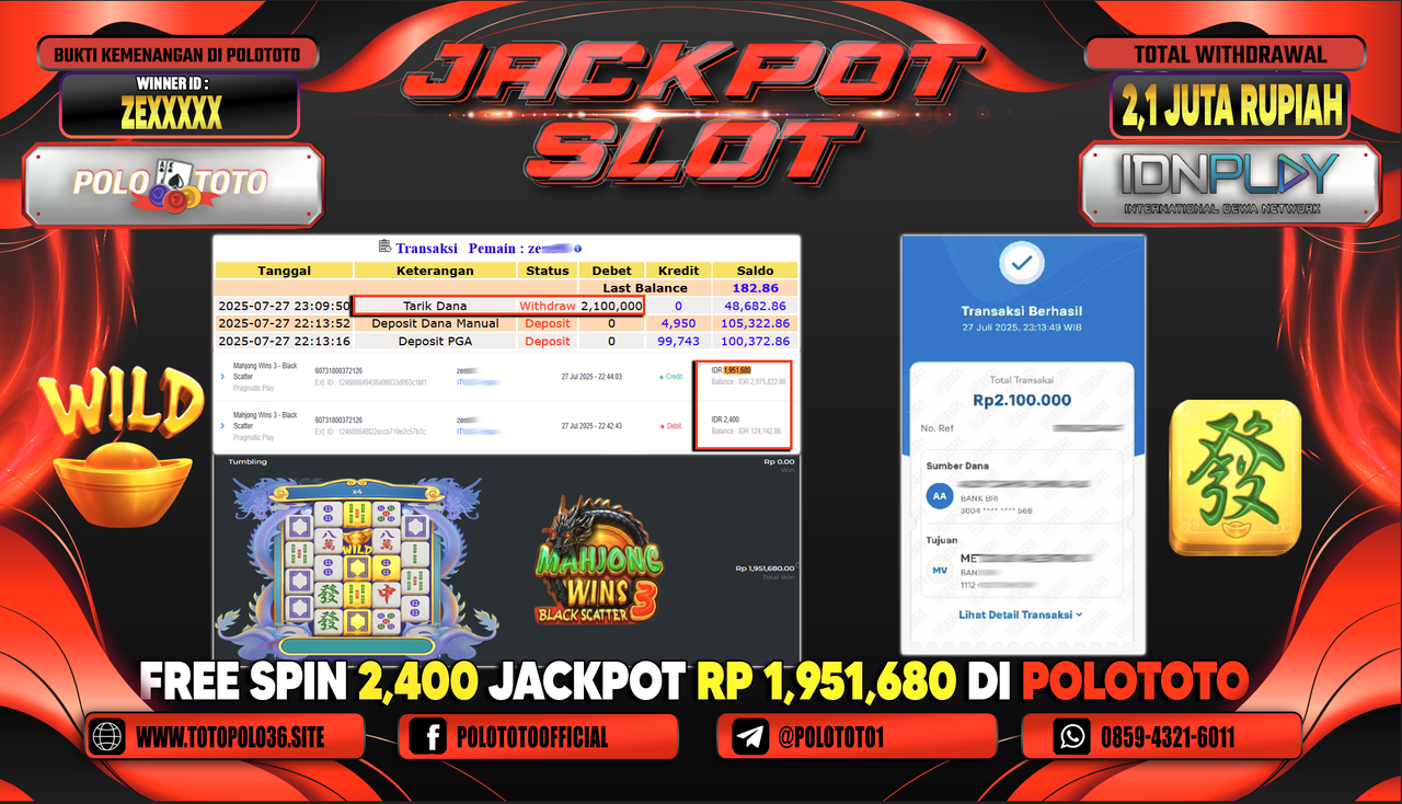 POLOTOTO JACKPOT SLOT MAHJONG WAYS WINS 3 - BLACK SCATTER Rp.2.100.000,- LUNAS