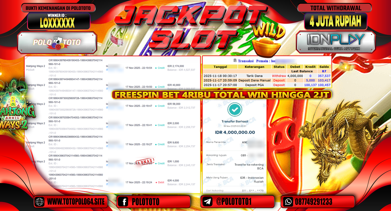 POLOTOTO JACKPOT SLOT MAHJONG WAYS Rp.4.000.000,- LUNAS