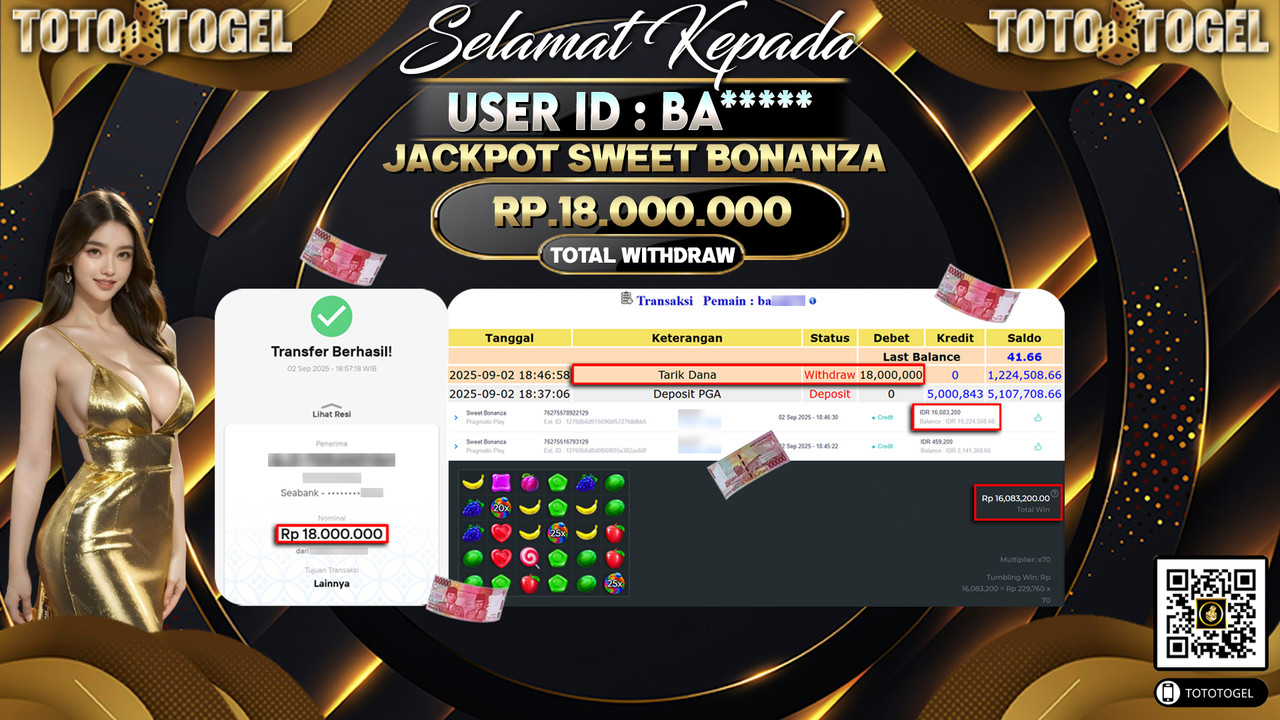 Bukti Pembayaran Jackpot Permainan Slot Sweet Bonanza ID:BA***** LUNAS
