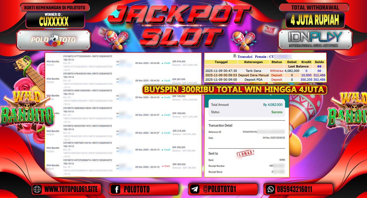 POLOTOTO JACKPOT SLOT WILD BANDITO Rp.4.000.000,- LUNAS