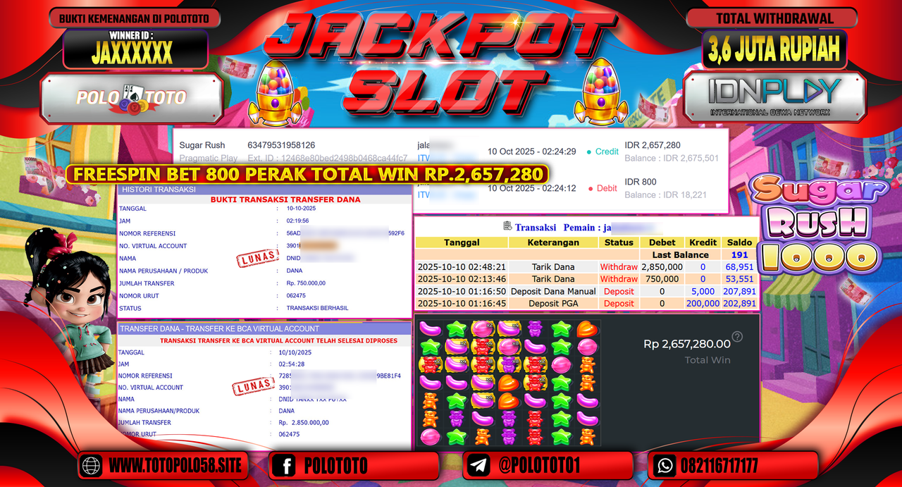 POLOTOTO JACKPOT SLOT SUGAR RUSH Rp.3.600.000,- LUNAS