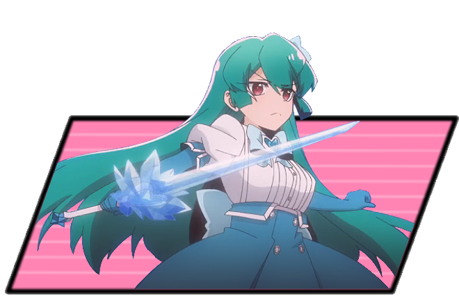 Magia Azure stands back with her ice sword at the ready, on her face, a defiant gaze.